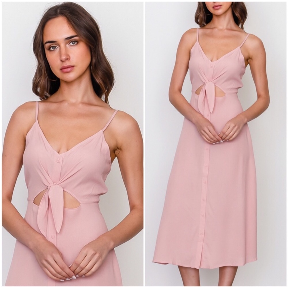 Blush Spaghetti Strap Tie Front Midi Dress